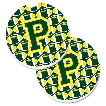 Carolines Treasures Letter P Football Green and Yellow Set of 2 Cup Holder Car Coaster CJ1075-PCARC